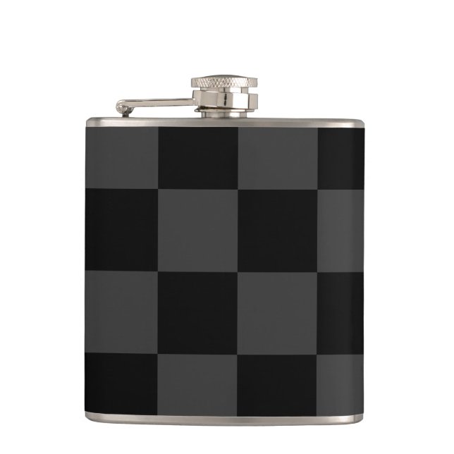 Classic Modern Black & Smoky Black Chequerboard  Hip Flask (Front)