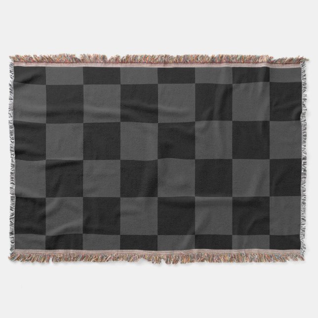 Classic Modern Black & Smoky Black Chequerboard  Throw Blanket (Front)