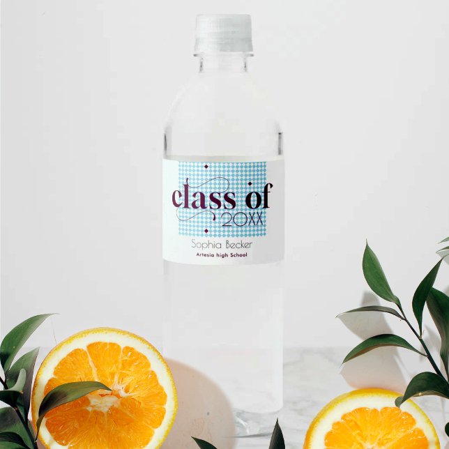 Classic Modern Blue Pattern Graduate Party Water Bottle Label (Creator Uploaded)