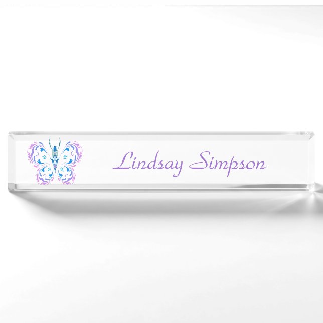 Classic Modern Blue Pink Purple Butterfly Art Nameplate (Front)