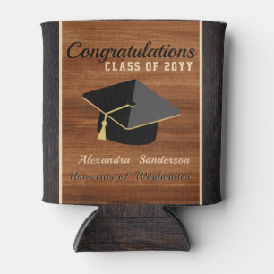 Classic Modern Brown Wood Grain Graduation cap Can Cooler