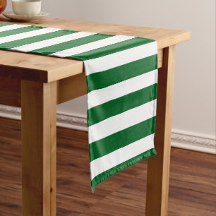Classic Modern Dark Forest Green and White Striped Short Table Runner