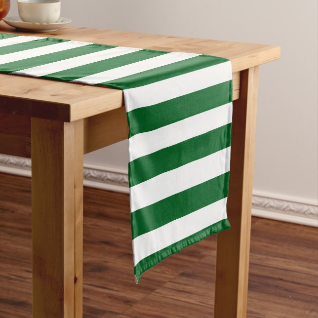 Classic Modern Dark Forest Green and White Striped Short Table Runner (In Situ)