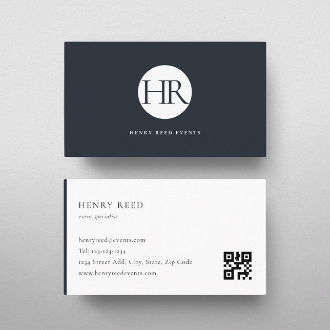 Classic Modern Dark Navy Monogram QR code Business Card (Creator Uploaded)