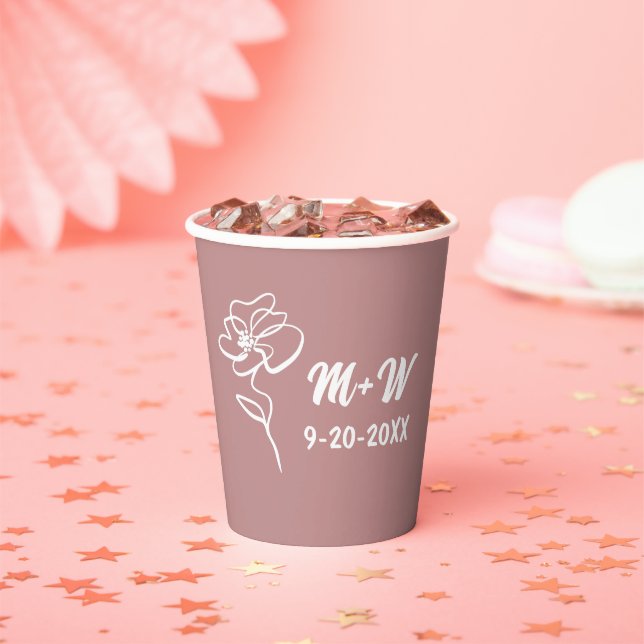 Classic & Modern Dusty Rose Pink Floral Sketch  Paper Cups (Insitu)