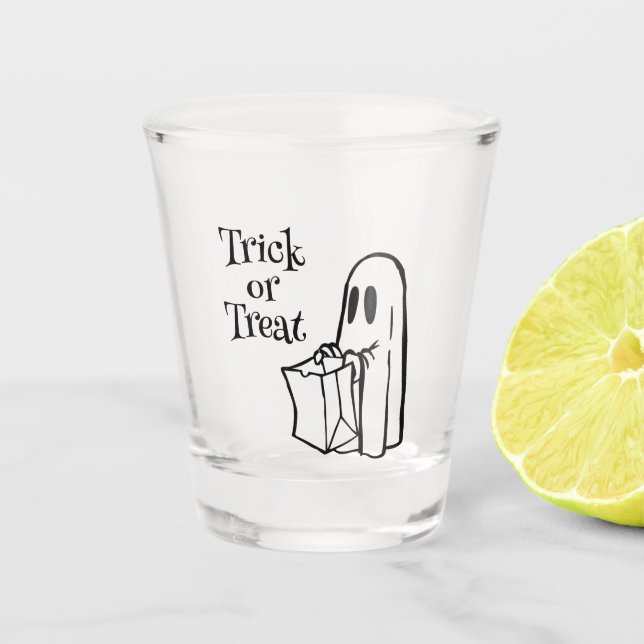 Classic Modern Ghost with Bag Trick or Treat Shot Glass (Front)