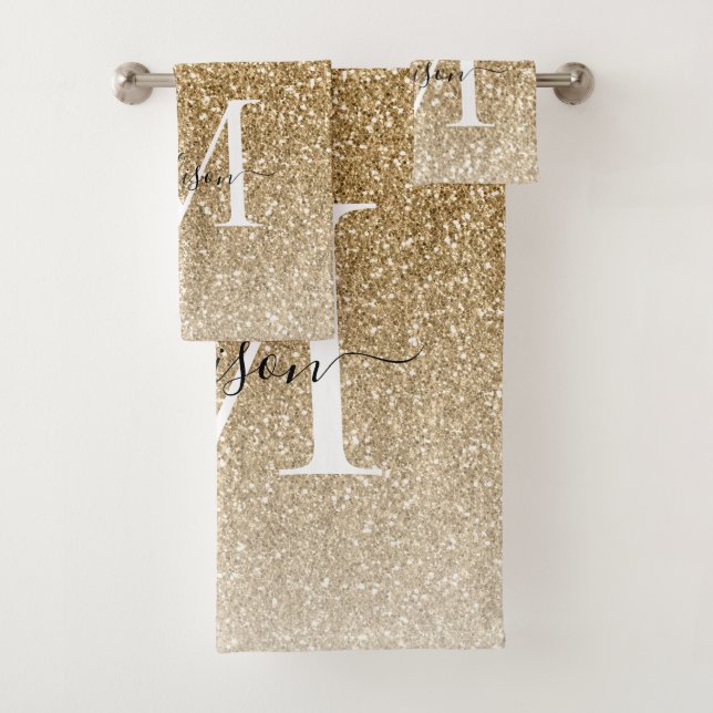 Classic Modern Gold Glitter Monogram Girly Script Bath Towel Set (Insitu)