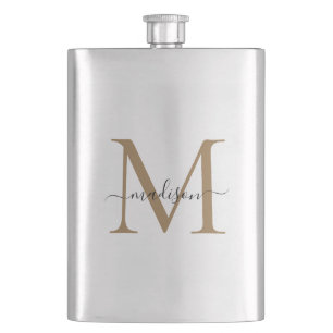 Classic Modern Gold Monogram Girly Script Name Hip Flask