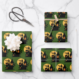 Classic Modern Haunted House on Dark Green Wrapping Paper Sheet