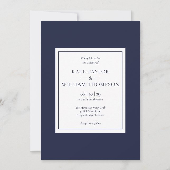 Classic Modern Minimalist Navy Blue Wedding Invitation (Front)