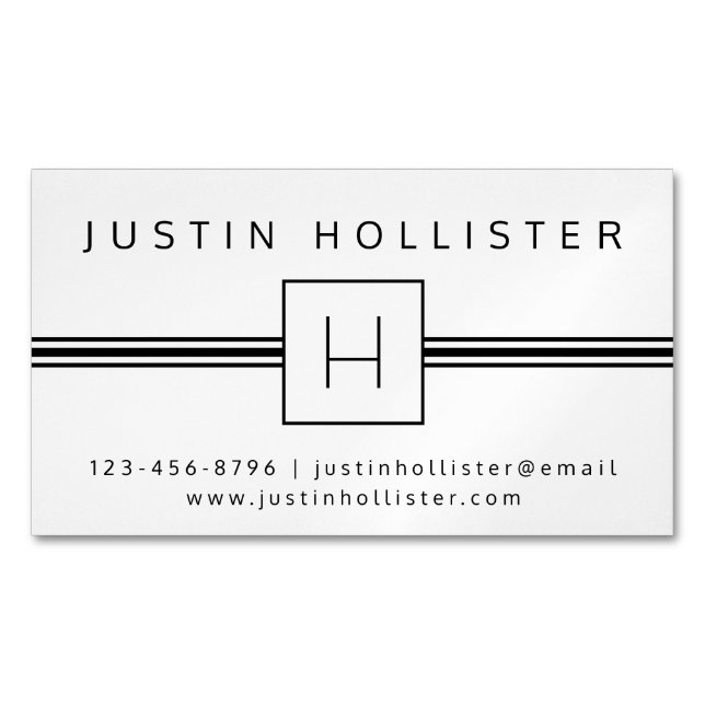 Classic Modern Professional Monogram White & Black Magnetic Business Card (Front)