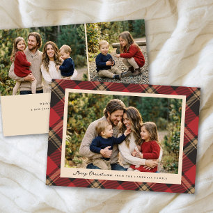 Classic Modern Red Plaid Christmas 3 Photo Holiday Card
