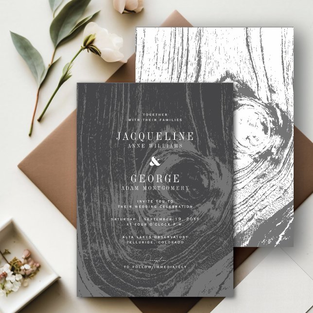 Classic Modern Rustic Woodgrain Winter Wedding Invitation (Black/White Classic Modern Rustic Woodgrain Winter Wedding Invitation @ fatfatin_blue_knot)