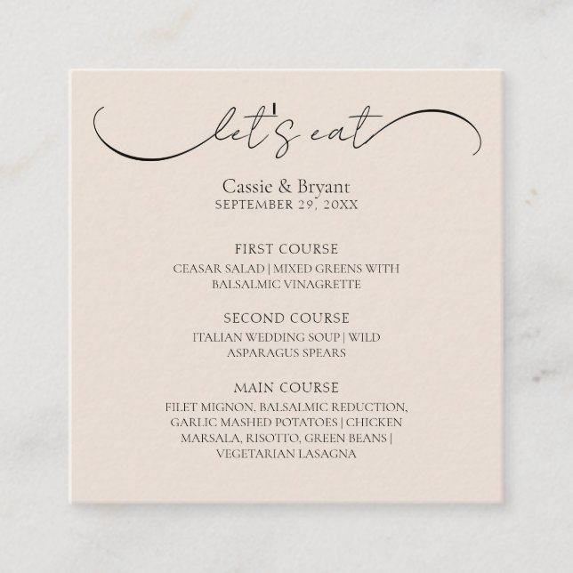 Classic Modern Script Wedding Menu Enclosure Card (Front)