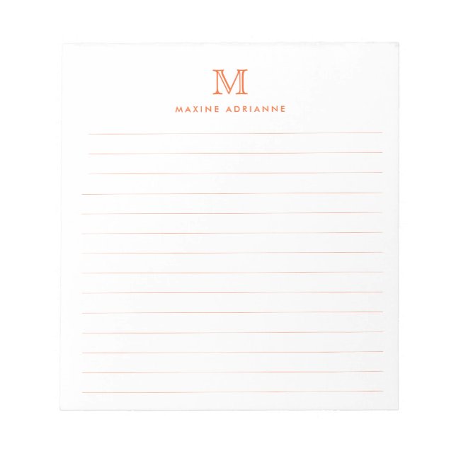 Classic Modern Simple Orange Monogram Lined Notepad (Front)