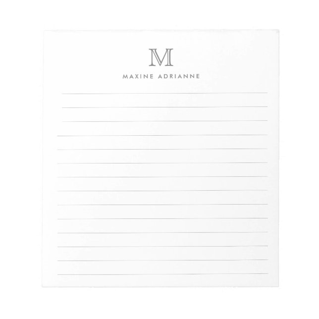 Classic Modern Simple Silver Grey Monogram Lined Notepad (Front)
