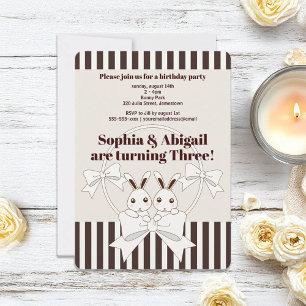 Classic Modern Stripe Bunny Twin Girls Birthday Invitation