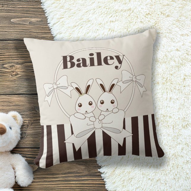 Classic Modern Stripe Cute Cartoon Twin Bunny Kids Throw Pillow (Creator Uploaded)