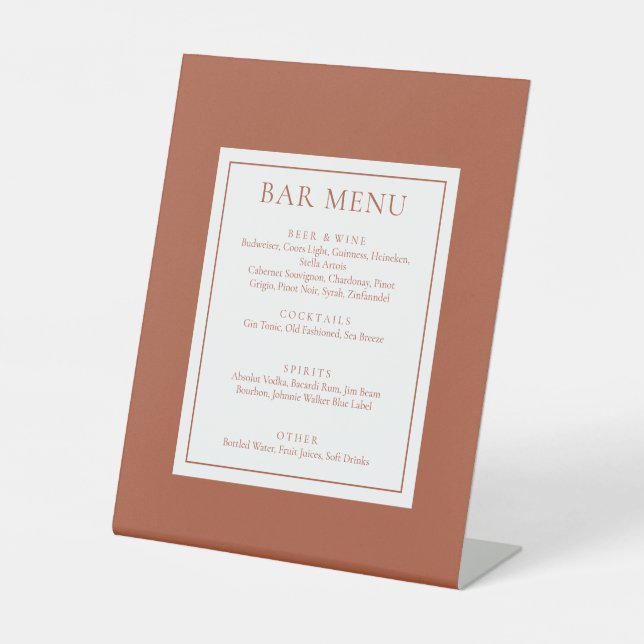 Classic Modern Terracotta Bar Menu Pedestal Sign (Front)