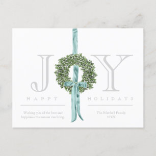 Classic Modern Wreath Ribbon Watercolor No Photo Holiday Postcard
