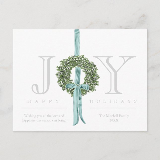 Classic Modern Wreath Ribbon Watercolor No Photo Holiday Postcard (Front)