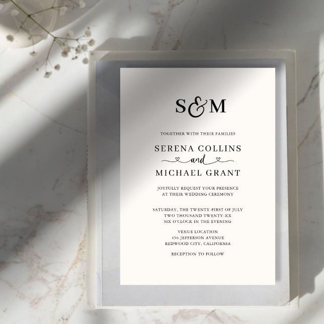 Classic Monogram 4 Photo Heart Script Wedding Invitation (Creator Uploaded)