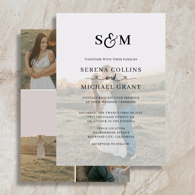 Classic Monogram 5 Photo Heart Script Wedding Invitation (Creator Uploaded)