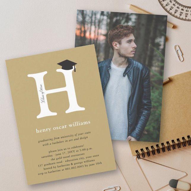 Classic Monogram Alphabet H Photo Graduation Party Invitation (Creator Uploaded)