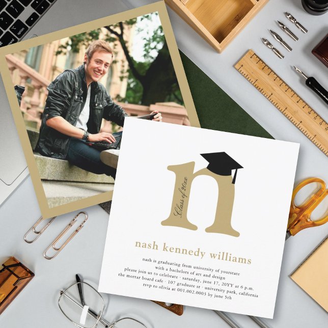Classic Monogram Alphabet N Photo Graduation Party Invitation (Creator Uploaded)