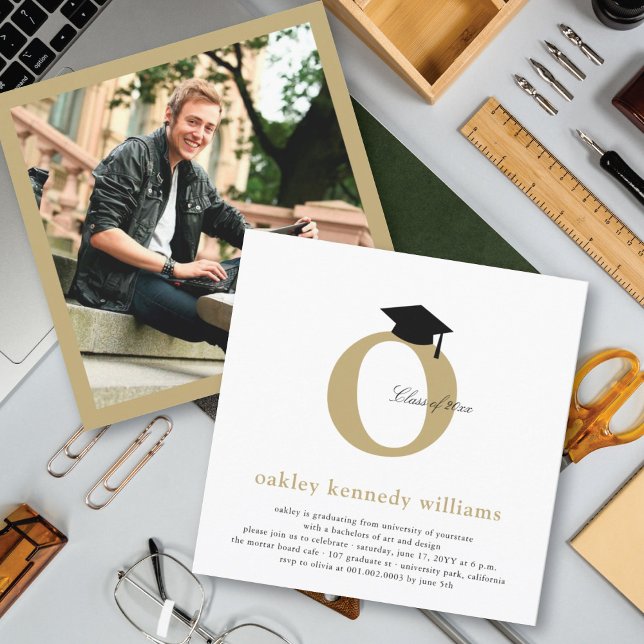 Classic Monogram Alphabet O Photo Graduation Party Invitation (Creator Uploaded)