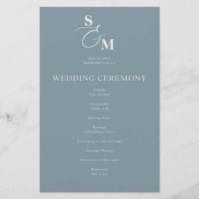 Classic Monogram Ampersand Blue Wedding Program (Front)