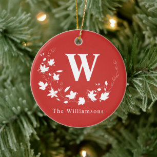 Classic Monogram and Name Red Floral Wreath Custom Ceramic Ornament