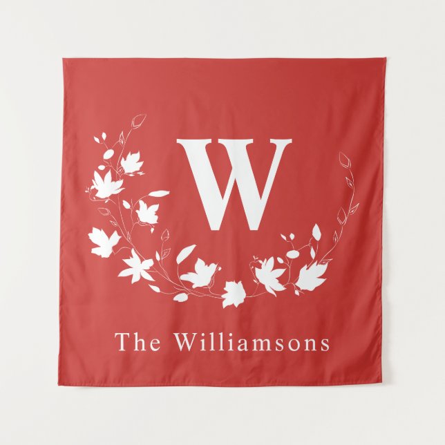 Classic Monogram and Name Red Floral Wreath Custom Tapestry (Front)