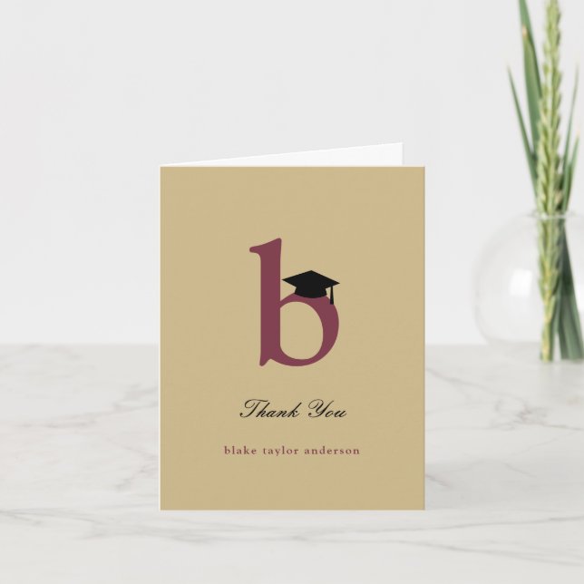Classic Monogram B Graduation Cap Photo Modern Thank You Card (Front)