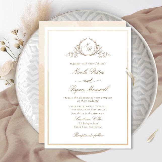 Classic Monogram Beige Cream Watercolor Wedding Invitation (Creator Uploaded)