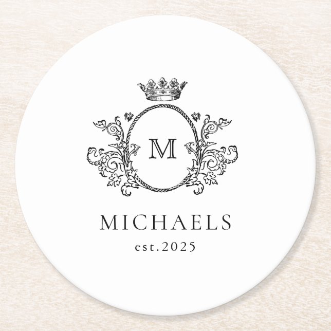 Classic Monogram Black and White  Round Paper Coas Coaster (Front)