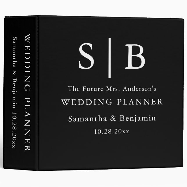 Classic Monogram Black Wedding Planner Binder (Front/Spine)