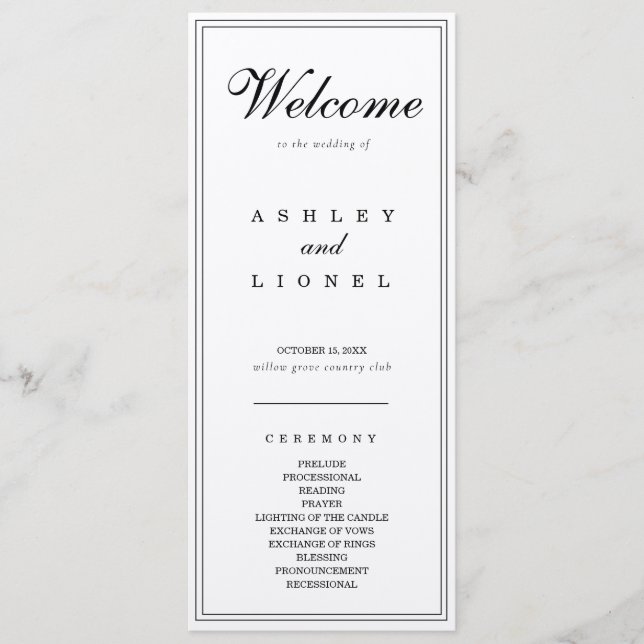 Classic Monogram Black & White Simple Wedding Program (Front)