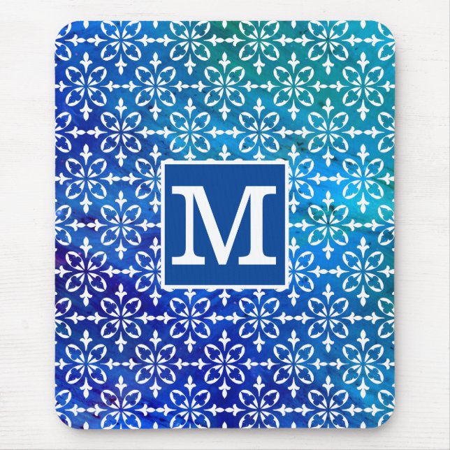 Classic Monogram Blue Chem 4 Floral Damask Mouse Pad (Front)