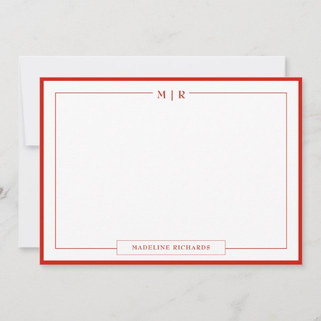 Classic Monogram Candy Red Border Stationery Card (Front)