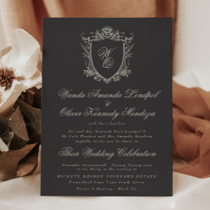 Classic Monogram Charcoal Floral Crest Wedding Invitation