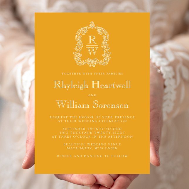 Classic Monogram Crest Marigold Yellow Wedding Invitation (Creator Uploaded)