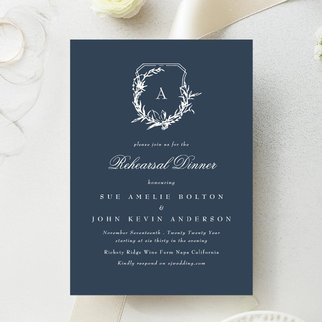 classic monogram crest navy blue rehearsal dinner invitation (Creator Uploaded)