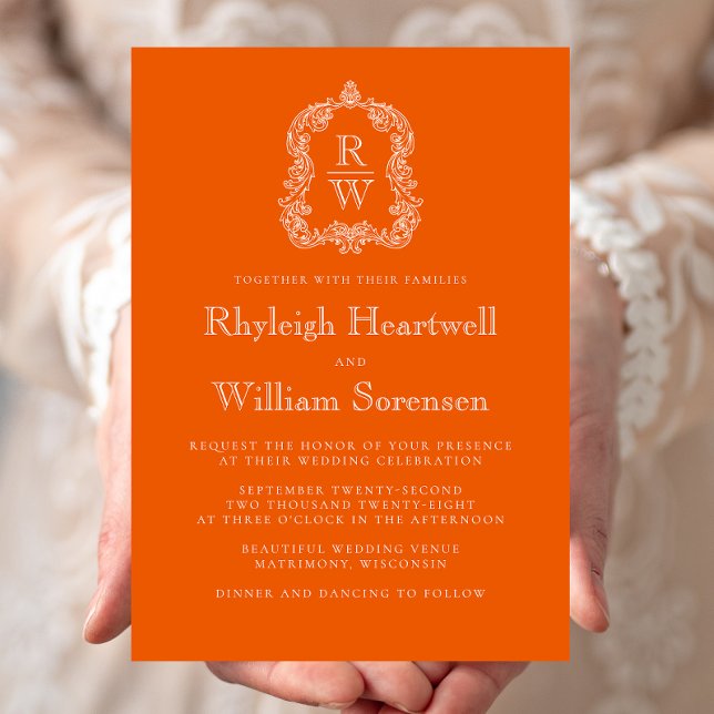 Classic Monogram Crest Persimmon Orange Wedding Invitation (Creator Uploaded)
