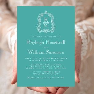 Classic Monogram Crest Turquoise Wedding Invitation