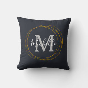 Classic Monogram Dark Grey Gold Rings  Throw Pillow