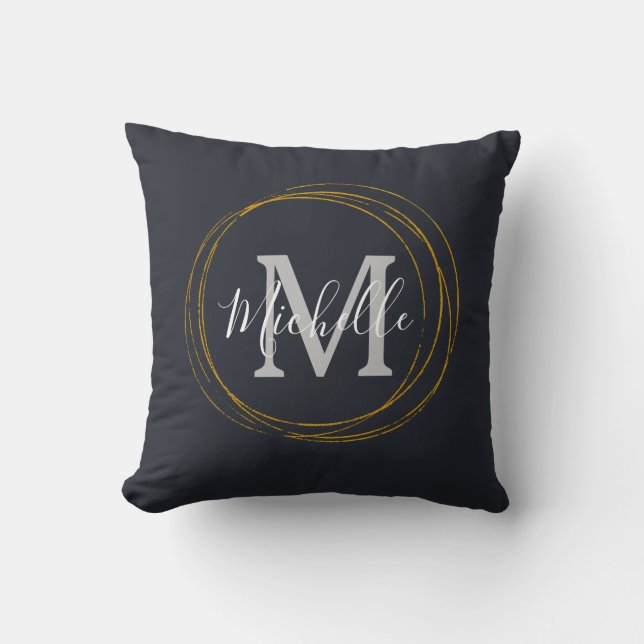 Classic Monogram Dark Grey Gold Rings  Throw Pillow (Front)