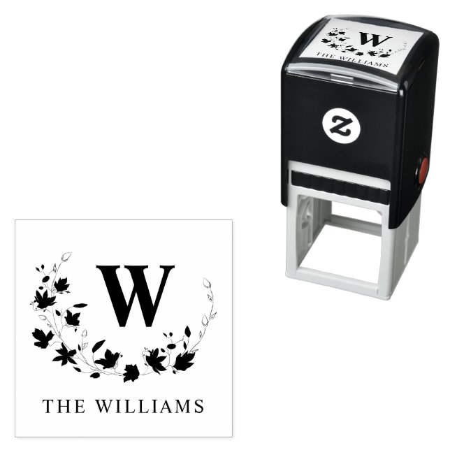 Classic Monogram Family Name Botanical Wreath  Self-inking Stamp (In Situ)