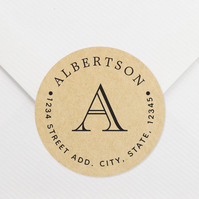 Classic Monogram Family Name Return Address Kraft Round Sticker (Creator Uploaded)
