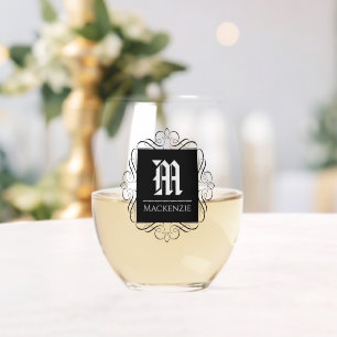 Classic Monogram Fancy Frame Custom Stemless Wine Glass